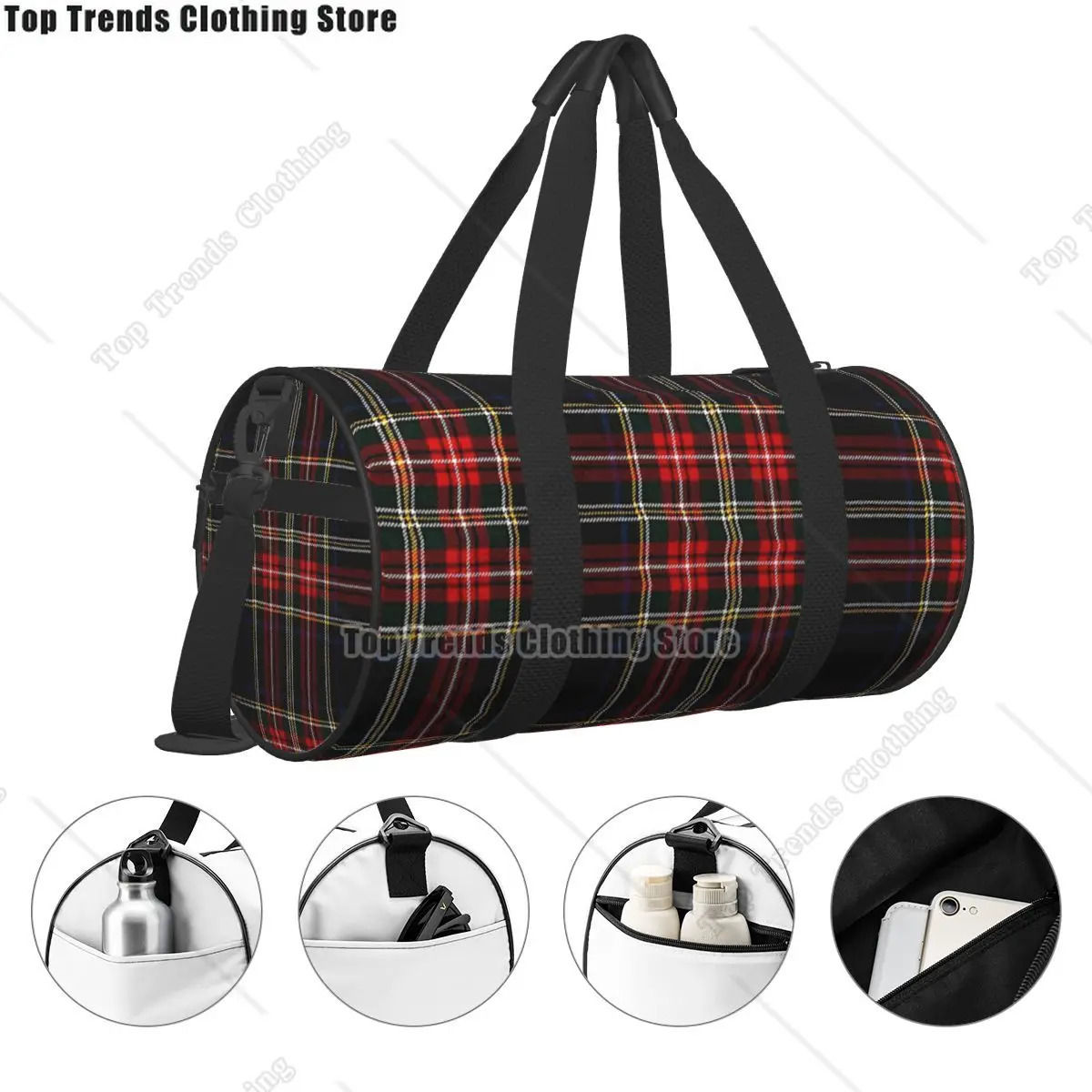 Black Modern Scottish Tartan Travel Bags Men Fitness Handbag Cylinder Shoulder Bag Women Large Travel Tote Luggage Bag 251110