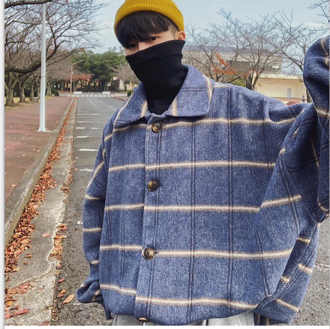 Youth Trend Woolen Plaid Jacket for Men Loose Thin Coat Top