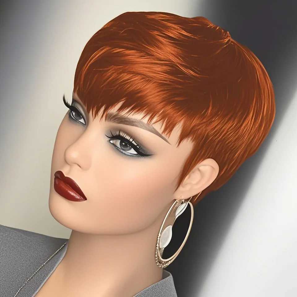 6inch Short Pixie Cut Straight Wig 100 Human Hair for Women Machine Made with Pre-Styled Bangs Tangle-Free Natural HairlineT251111