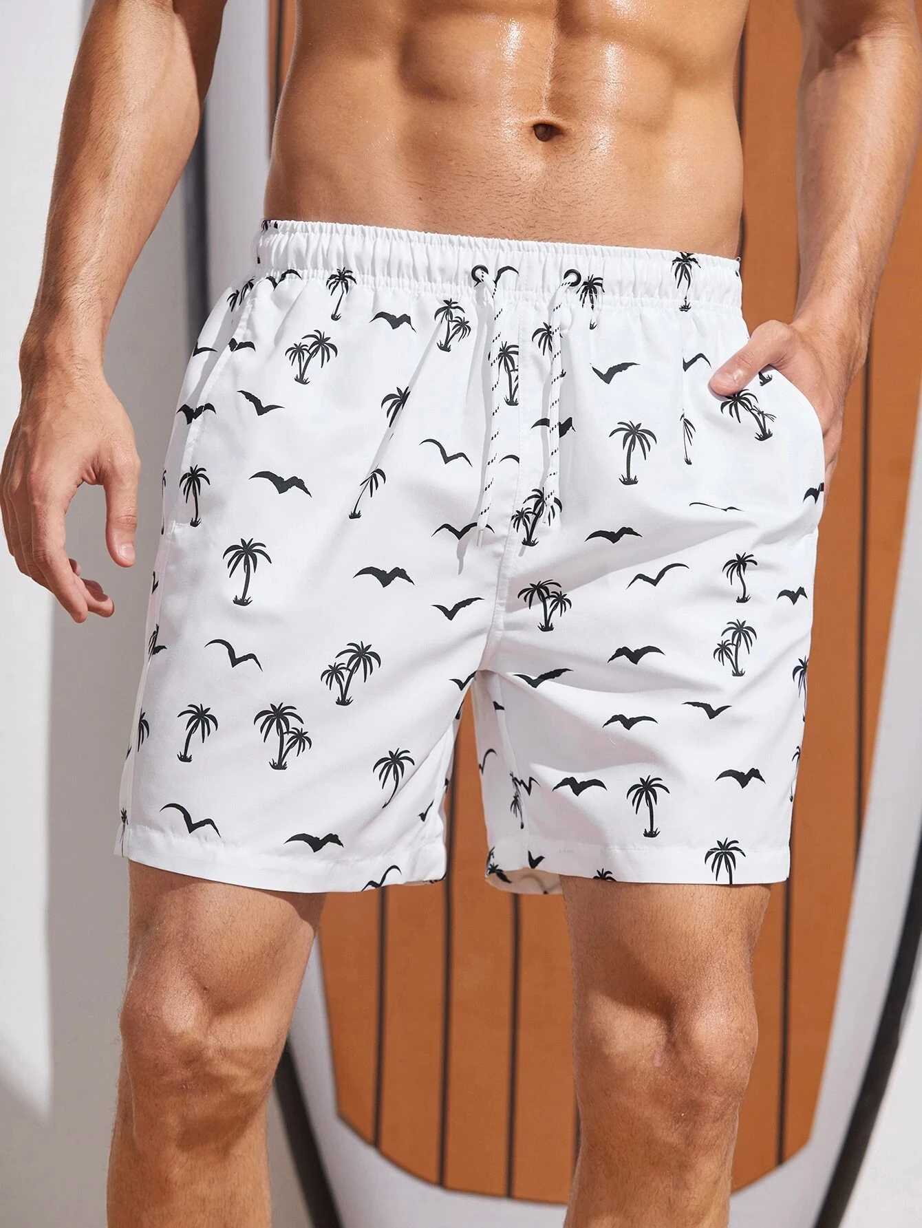 Mens board shorts swimming shorts swimming trunks drawstring elastic quick drying shorts Hawaiian casual black and white micro elasticW250410