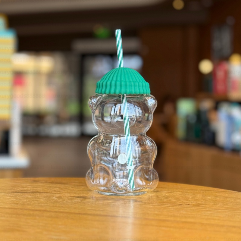 Glass Bear Cup with Straw Cute Transparent Glass Cup with Hat Iced Coffee Cold Drink Gift Water Bottle