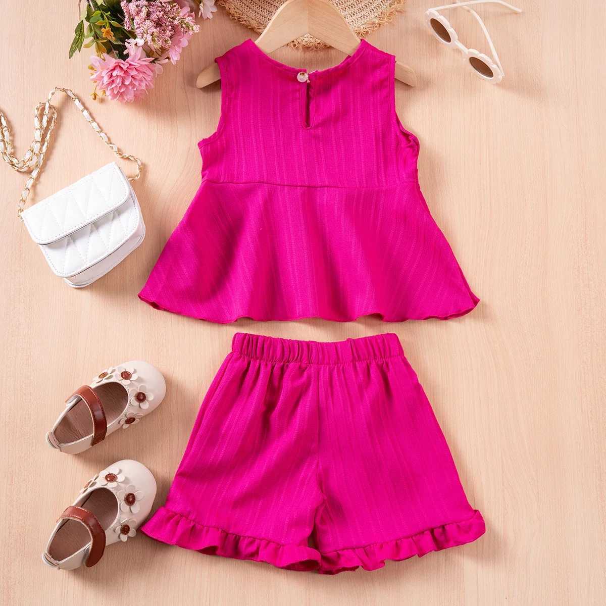 Summer childrens casual set baby girl solid color sleeveless top+pleated shorts 2 small fresh sleeves suitable for daily wearXJ250410