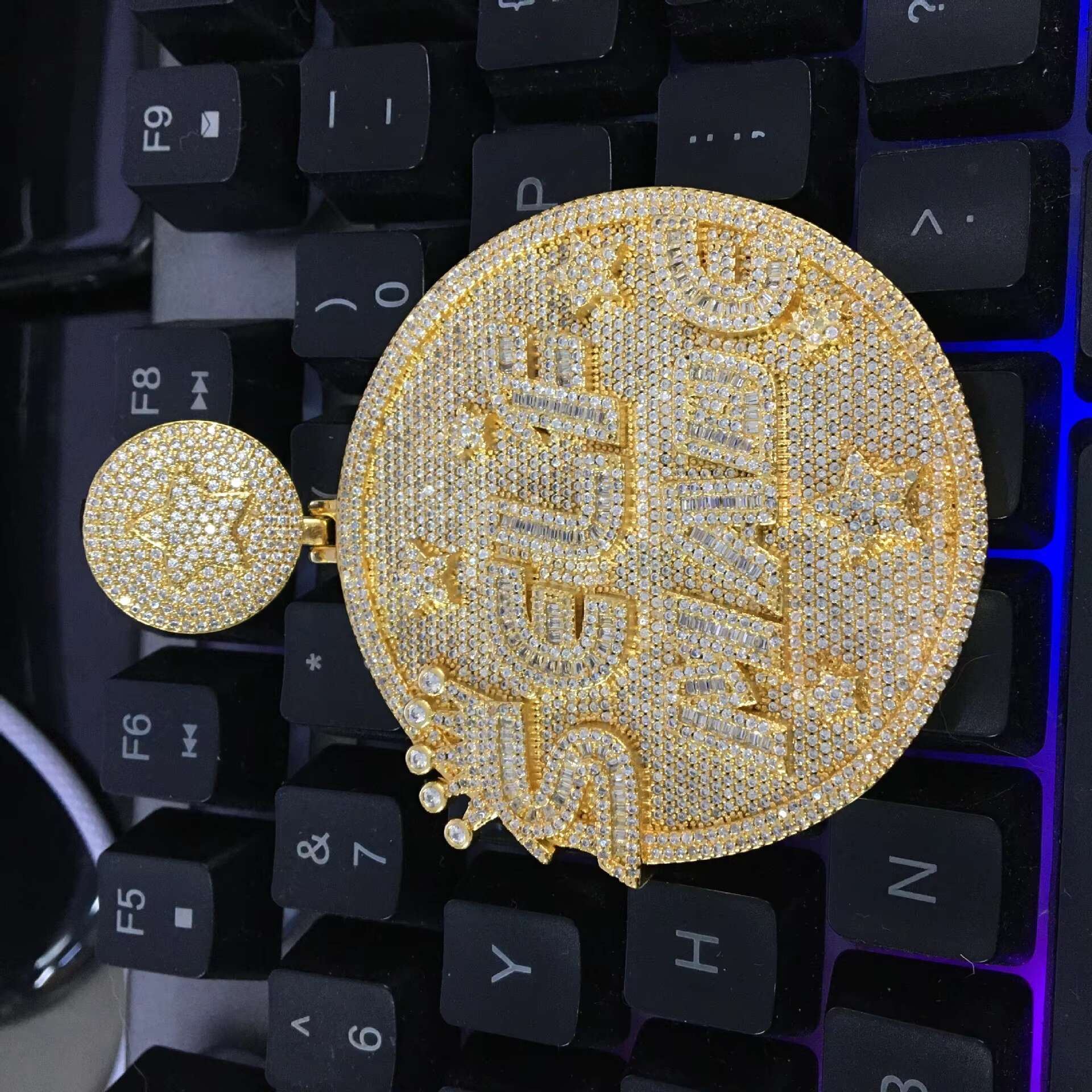 Luxury Bling Cz Micro Pave Personalized Letter SELF MADE Engraved Big Round Medal Pendant Hip Hop Necklaces for Men