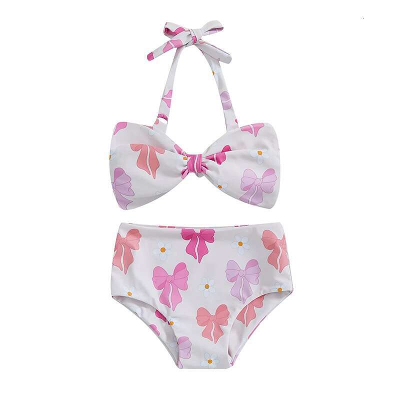 Kids Girl 2 Piece Swimsuits Summer Bow Print Halter Neck Tops and Elastic Shorts Set Bikini Bathing Suits