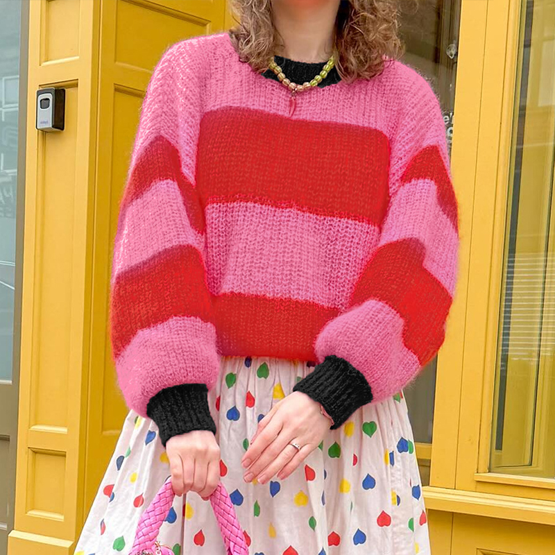 Women's color-block striped top, round-neck long-sleeved sweater, popular casual streetwear, pullover for women, off-the-shoulder top---TVL076