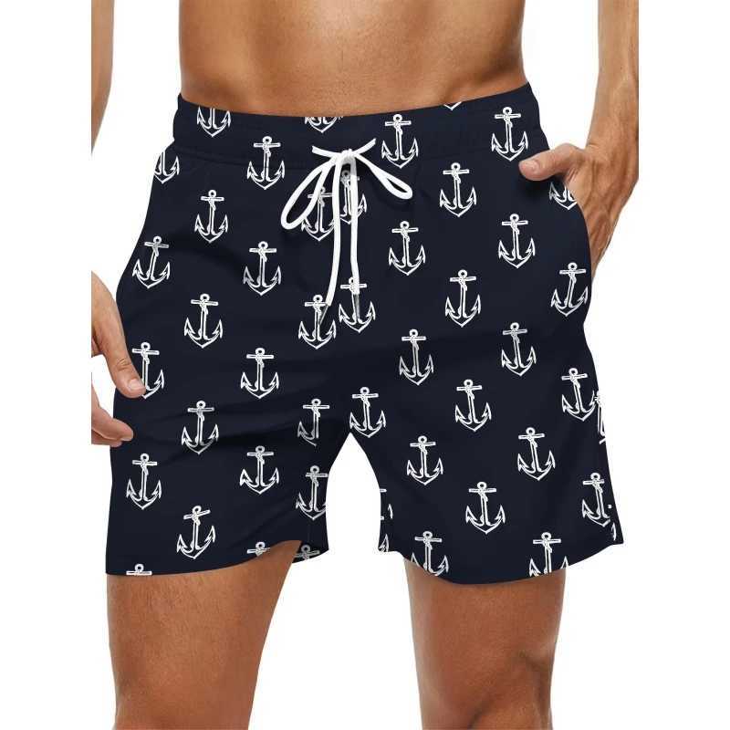 Simple anchor pattern beach shorts for men fashionable outdoor sports 3D printed shorts loose streetwear quick drying swim trunksW250410