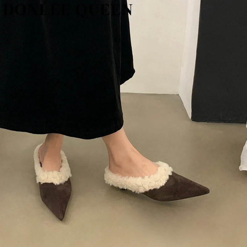 Fashion Mule Shoes Women Slippers Low Heels Fur Shoes Flip Flops Winter Autumn Warm Plush Shoes Pumps Female Footwear 251110