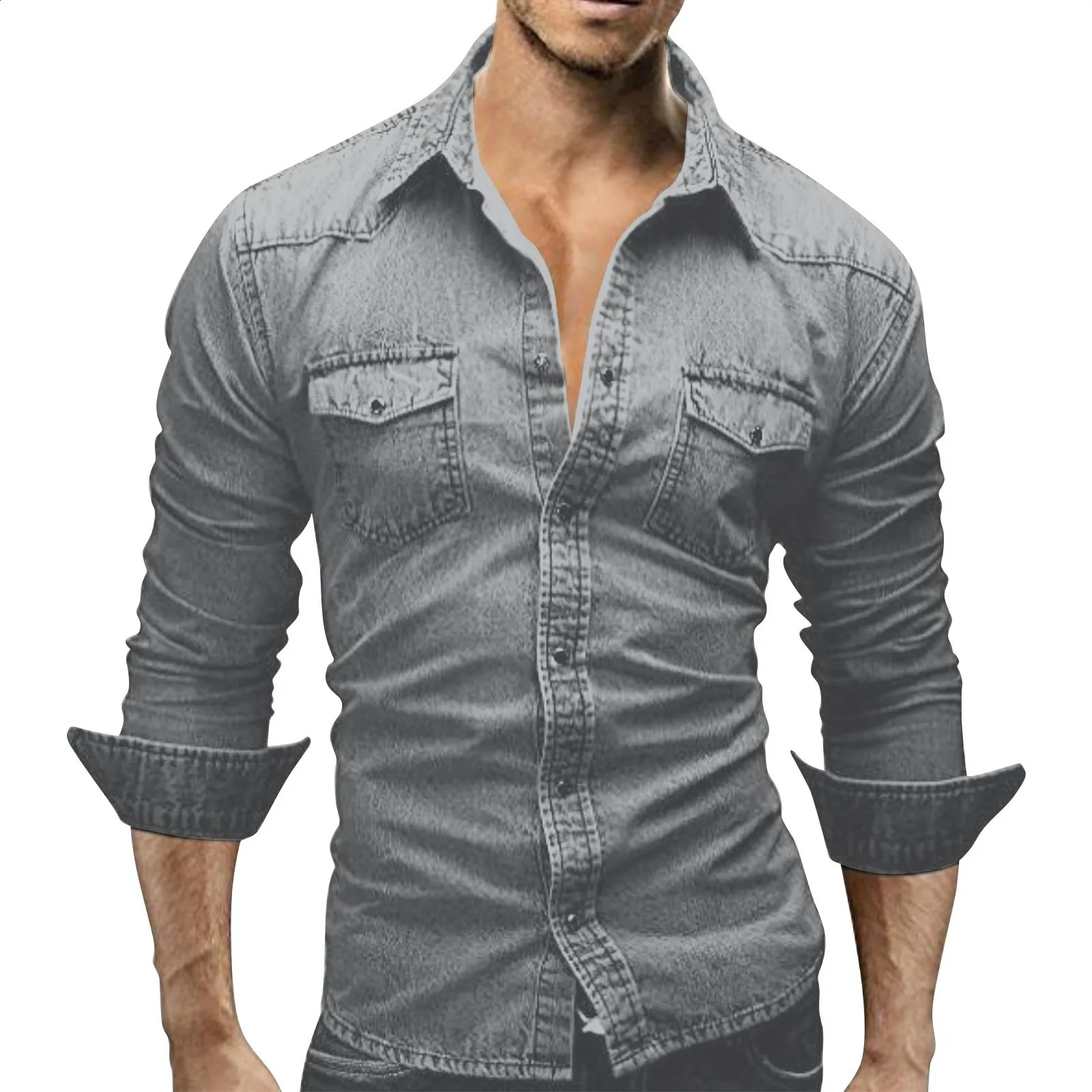 Mens autumn fashion clothing casual long sleeved lapel shirt solid color denim wash mens top 250411e