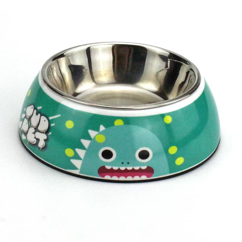 H1383 Food-grade 304 stainless steel inner liner pet bowl with non-slip base to prevent tipping, cute cartoon print cat and dog bowl.