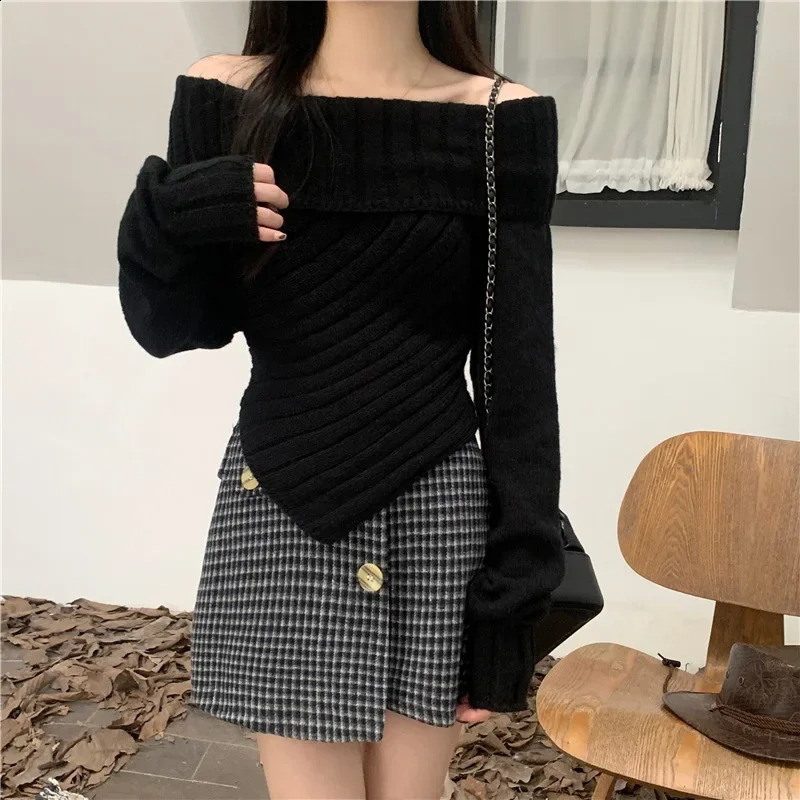 Casual style long sleeved shoulder knitted top sweater for womens autumn weight loss cutting irregular 250407