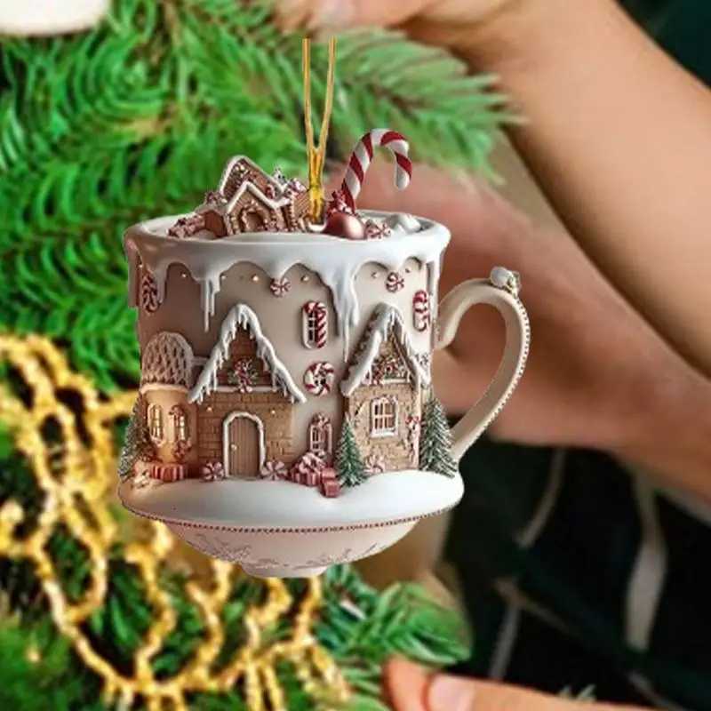 Coffee Cup Ornaments For Christmas Tree 2D Acrylic Christmas Snow Houses Chocolate Mug Pendant Christmas Tree Car DecorM251111