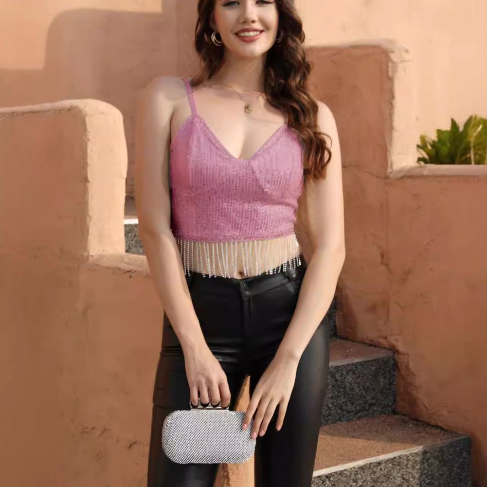 New sequin splicing crystal chain spicy girl vest short style suspender crop top with exposed navel
