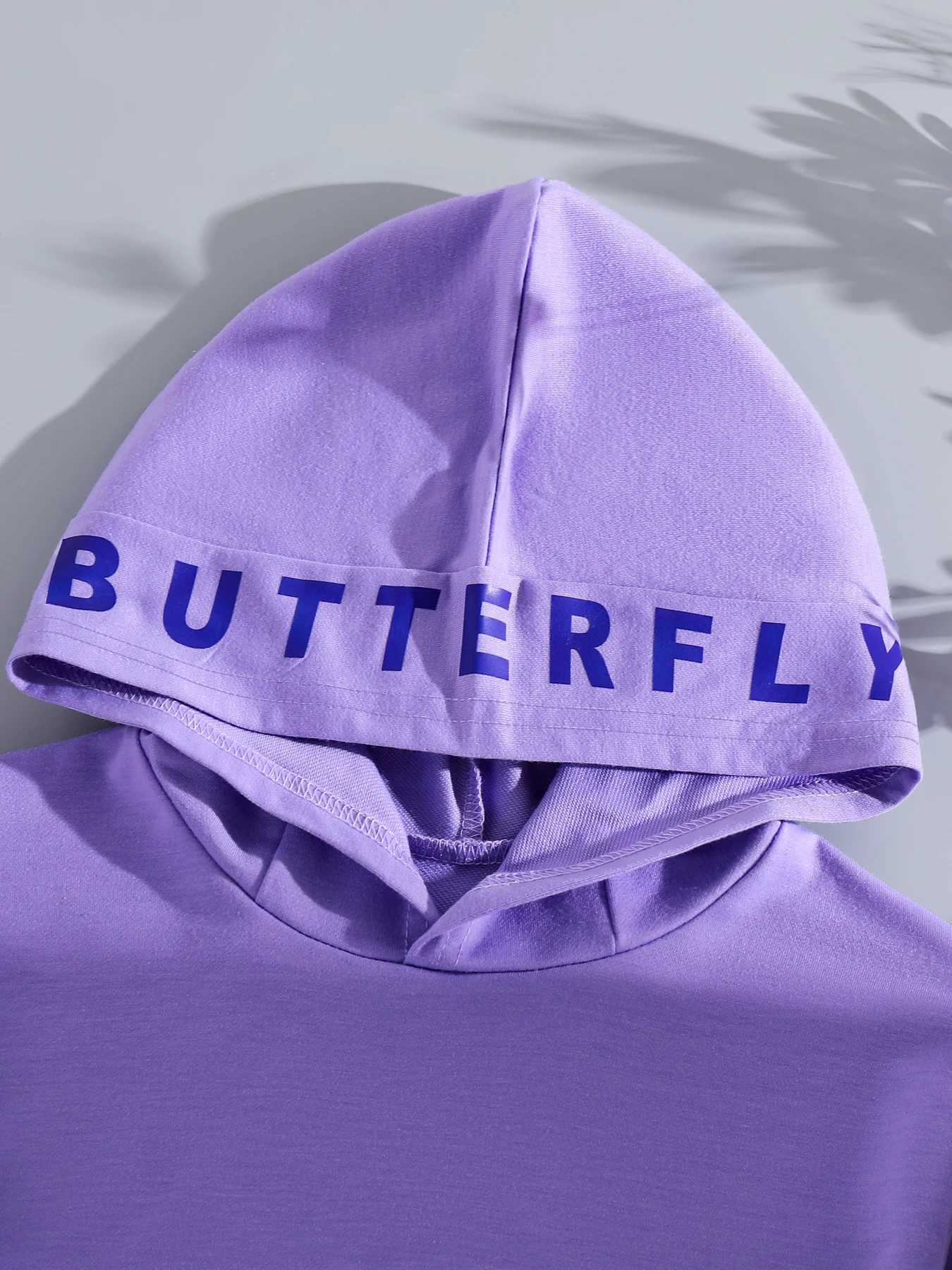 Spring and autumn childrens clothing girls fashionable outdoor casual purple hooded sweater+butterfly printed black vest setXJ250410