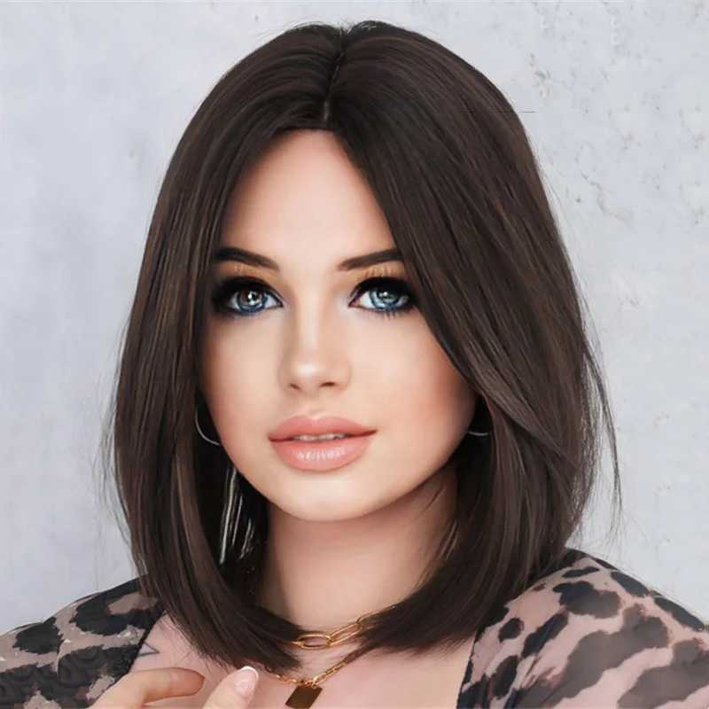 New synthetic fiber fashion wig female shoulder length trim face short straight hair high temperature silk full head coverT251111