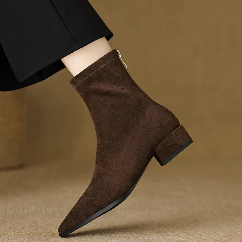 Autumn Vintage Suede Women Ankle Boots Ladies Concise Pointed Toe Thick Heel Short Botas Zapatos De Mujer 251110