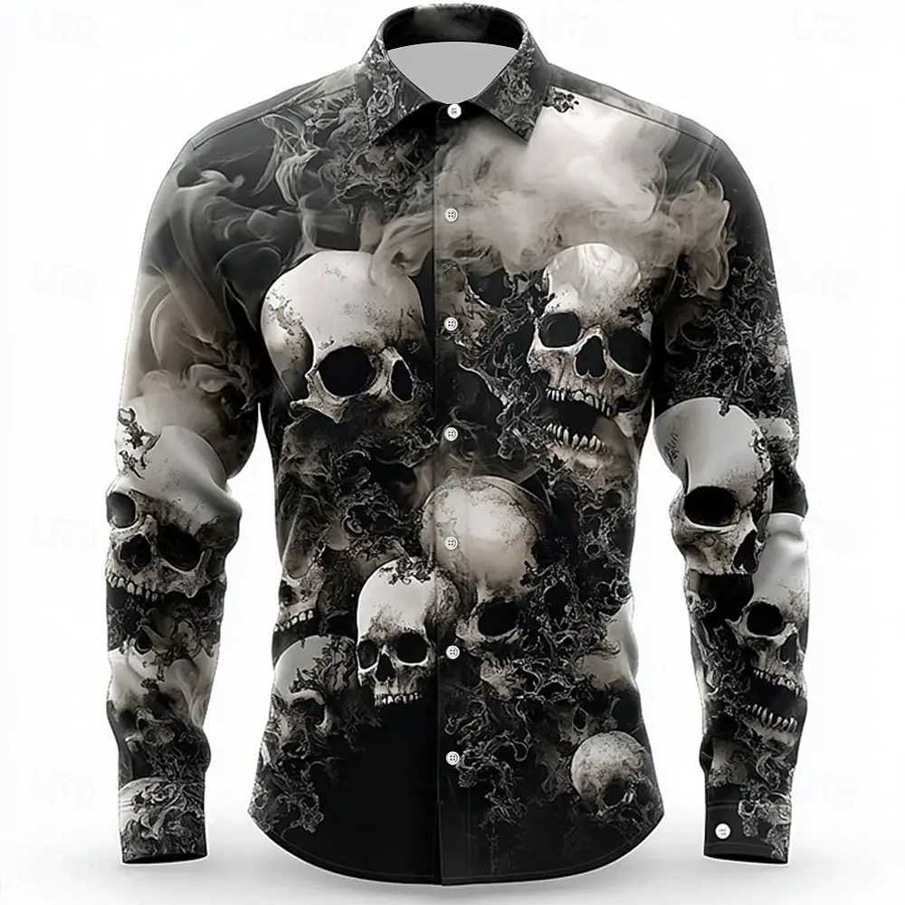 2025 Halloween Theme Mens Halloween Costumes Skulls Shirt Button Up Shirt Casual Dress Shirt Long Sleeve Dark Gothic Style Tops K251110
