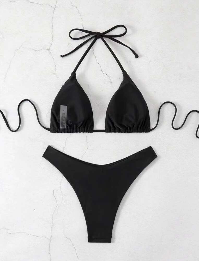 2025 New Set Women Sexy Simple Solid White/Black/Coffee Halter Bikini Swimsuit Lace Up Brazilian Beach Bathing Suit