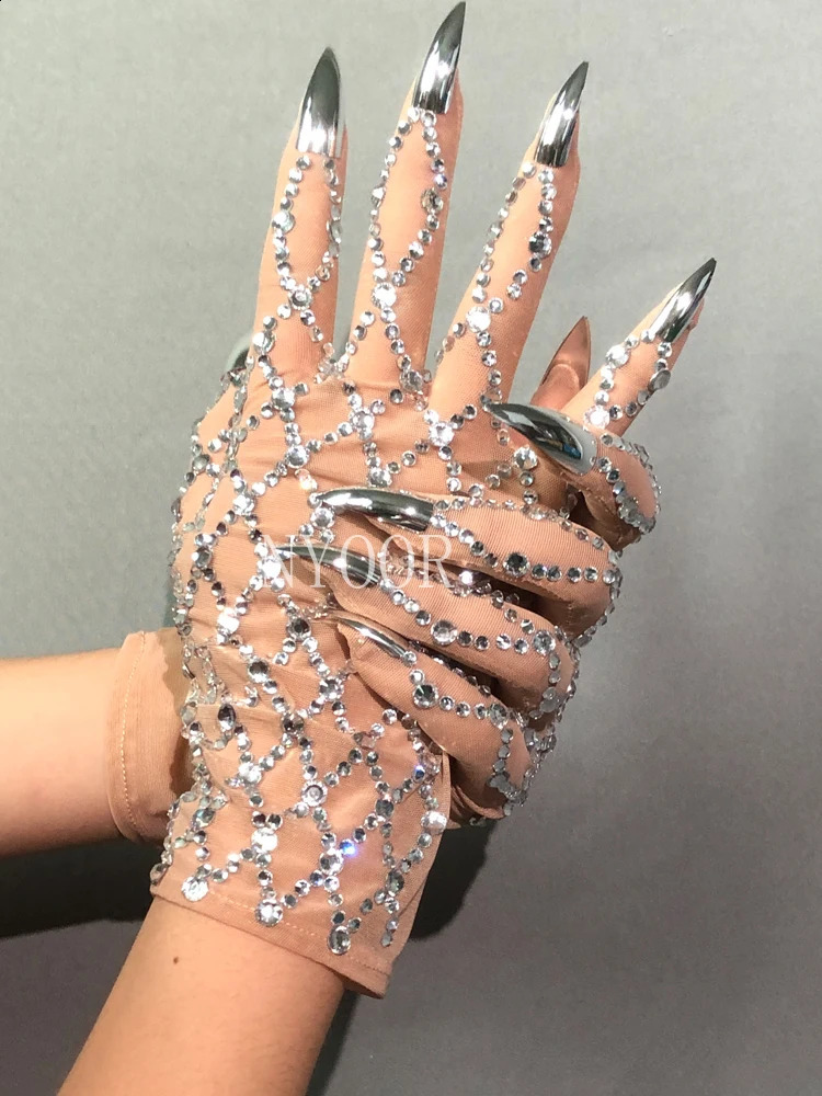 Shining Rhinestone Mesh Gloves Sexy Crystal Short Gloves Stage Performance Show Accessories Nightclub Party Outfit 250408