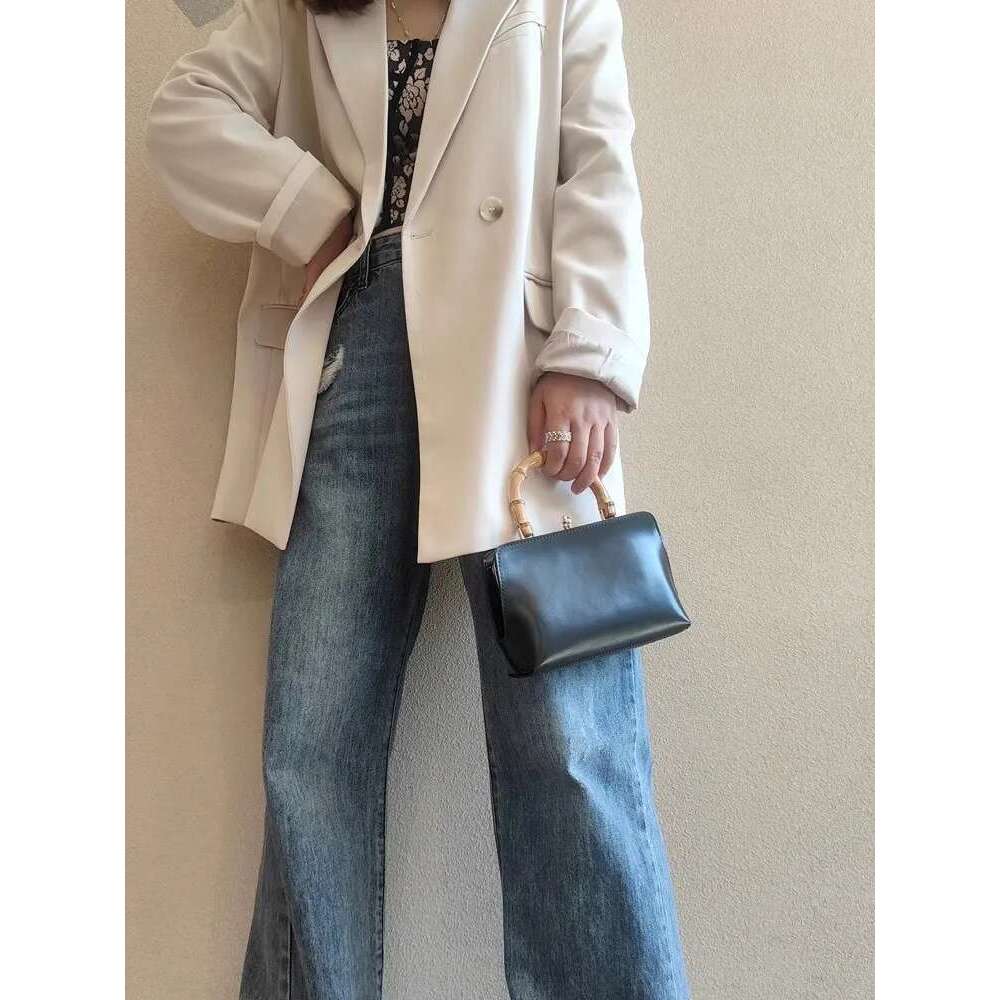 Women Designer Fashion Bamboo Bag Split Leather Tote Handbag New Ladies Casual Single Shoulder Solid Color Crossbody Bags