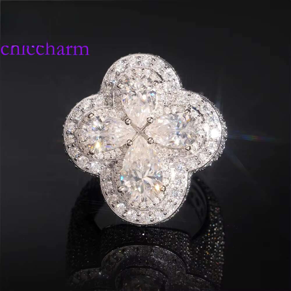 New hip-hop style fully chilled silver cross pear shaped cut men's silica ring
