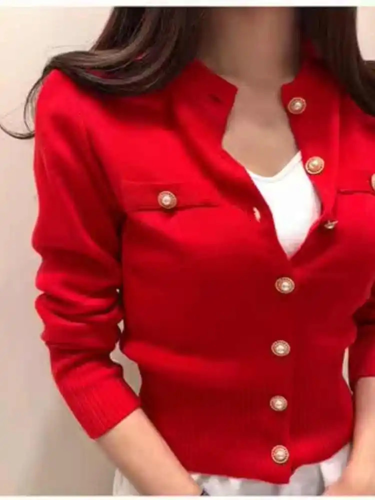 Knitted Sweater Women Cardigans Long Sleeve Stand Collar White Knit Cardigan Tops Sweaters Sueters De Mujer Q719 251107