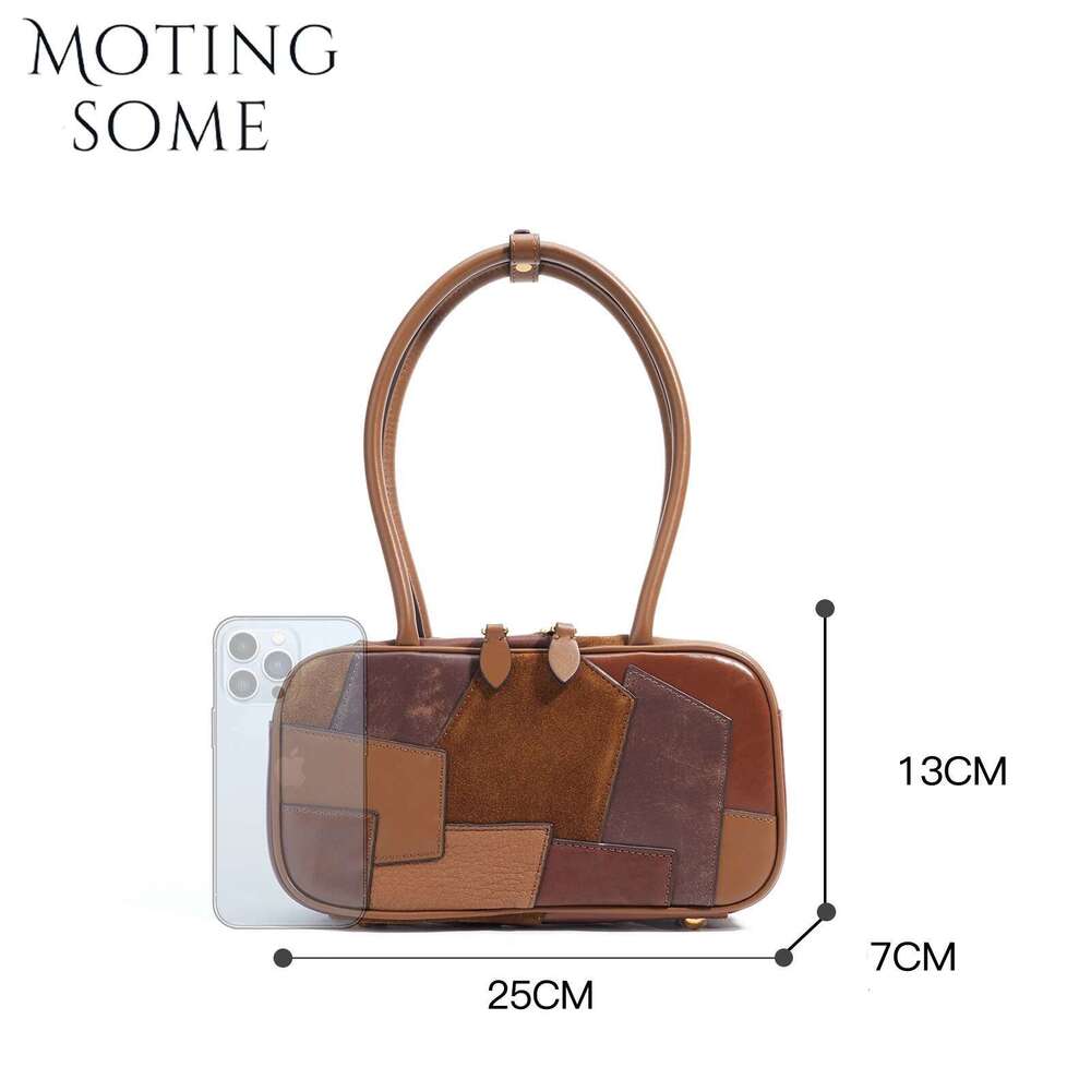 Motingsome 2025 First Layer Cowhide Woman Bag Designer Retro Splicing Bowg Briefcase Shoulder Handbag Underarm Tote