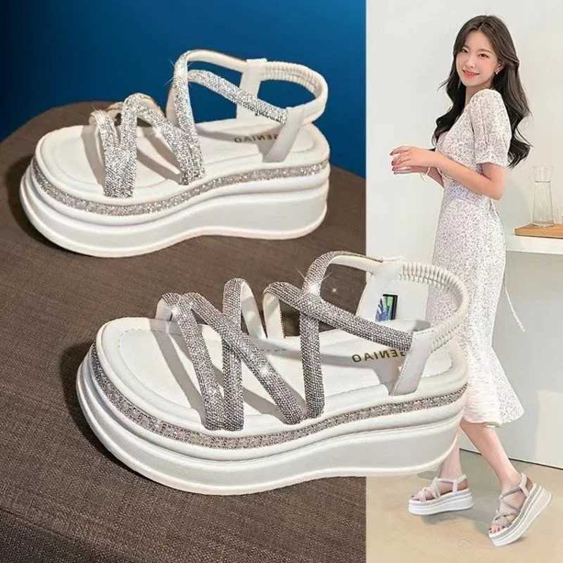 Hot womens platform shiny sandals new summer 7.5CM high heels womens crystal wedge beach walking shoes slippers sandalsXJ250410