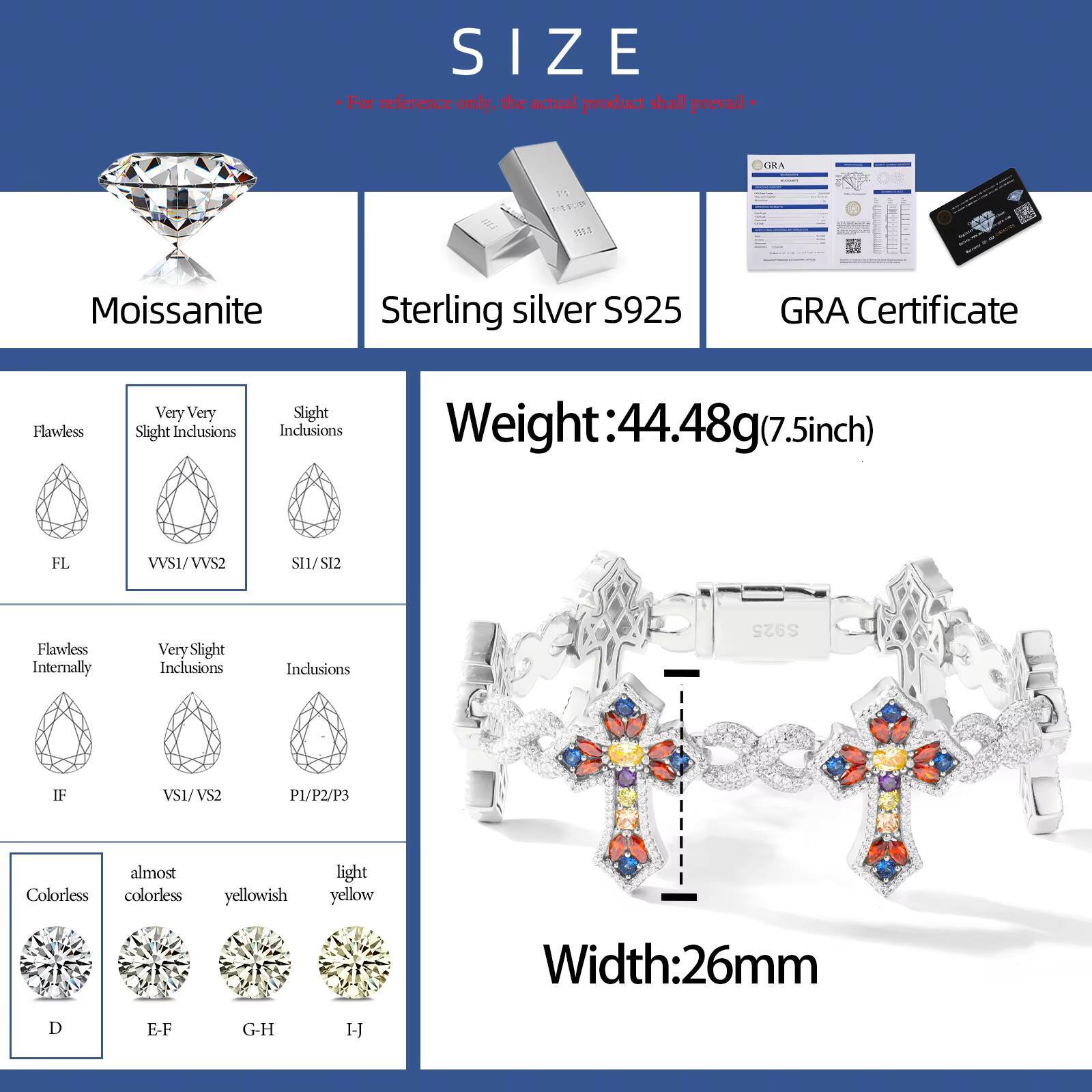 New Arrival Hip Hop Jewelry 26mm 925 Sterling Silver VVS Moissanite Colorful Moissanite Infinity Candy Cross Link Bracelet for Men