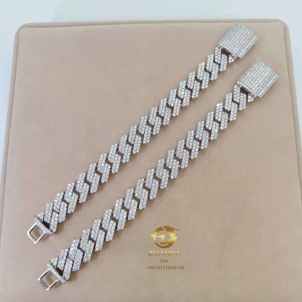 Fine Jewelry Sparkle 15mm Two Rows Diamond Iced Charm Cuban Link Chain 925 Silver Vvs Moissanite Bracelet