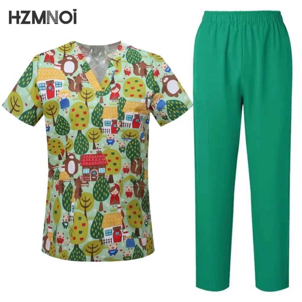 Surgical Uniforms Woman Printing Blouse Pockets Pants Medical Scrub Set Beauty Sn Workwear Clinical Scrubs Top+Pants Spa Suit X250410