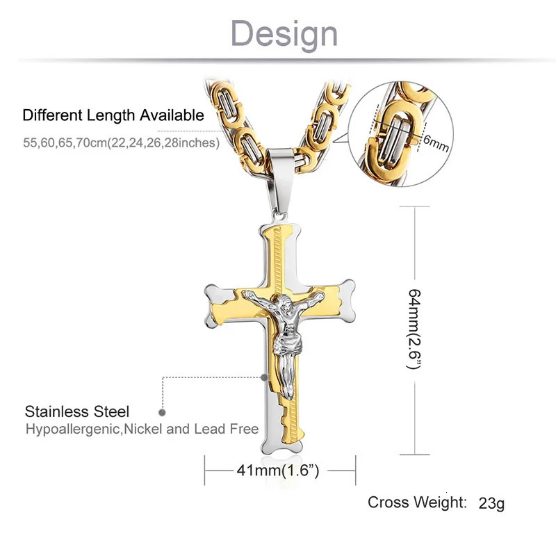 Stainless Steel Crucifix Jesus Byzantine Link Chain Necklace Fish Bone Pattern Cross Pendant Necklace Catholic Jewelry Men Gift 251110