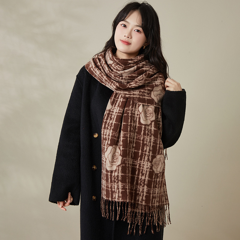 Cross-Border New Imitation Cashmere Scarf Camellia Print Versatile Neck Warmer Thickened Warm Outerwear Tassel Shawl
