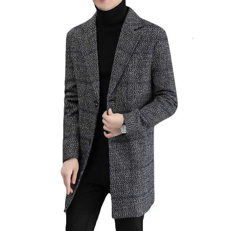 Winter Slim Fit Fashion Plaid Woolen Trench Coat New Men's Single-Breasted Suit Collar Overcoat Long Warm Cotton Coat