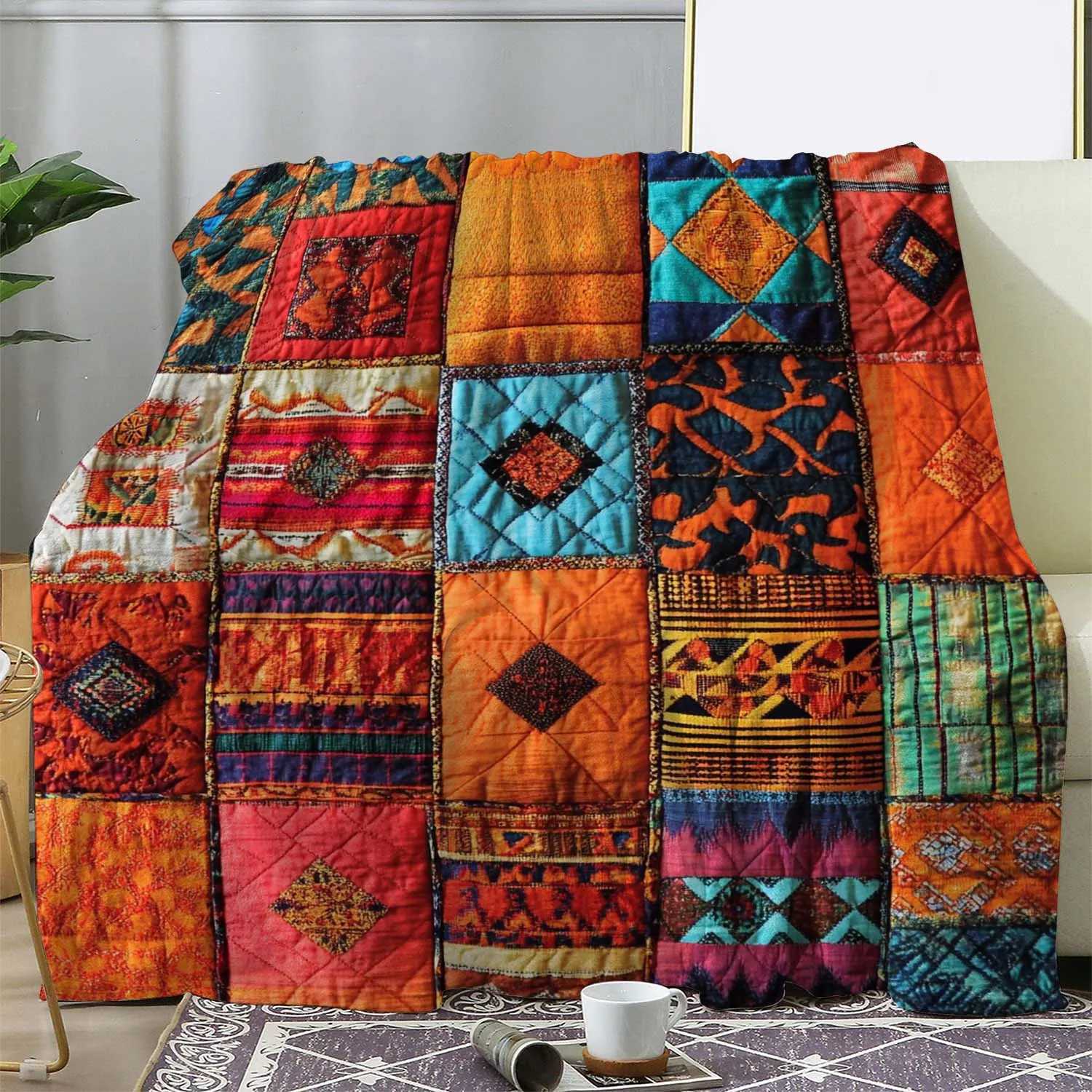 Bohemian patchwork geometric pattern print blanket warm and cozy soft blanket for sofa bed couch car office camping travel gif C251111