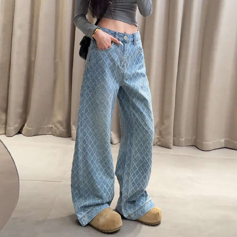 Designer clothing Designer clothing European early spring new high waisted hanging wide leg pants for women, worn diamond grid loose floor pants, blue