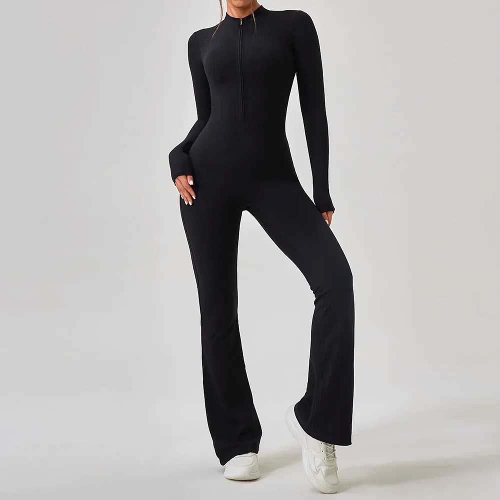 Zipper long sleeved yoga jumpsuit wide leg Flare womens sportswear quick drying gym running set one-piece sportswearW250411