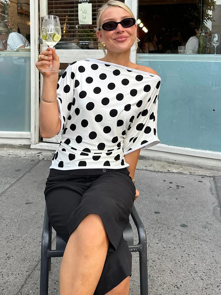 JULISSA MO Sexy One Shoulder Print Polka Dot Women T-shirt White Short Sleeve T-shirt Female Spring Loose Casual Streetwear 2025 250409