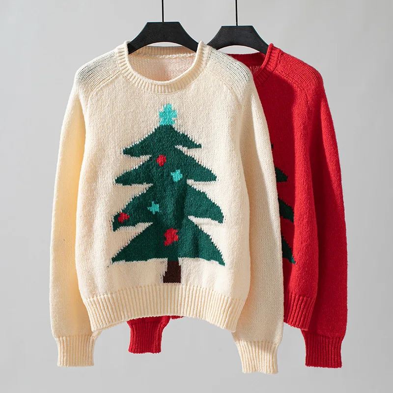 Autumn Winter Women Christmas Tree Pattern Sweaters Casual Knitwear Crew-Neck Pullover Holiday Sweater Woman Pullovers 251106