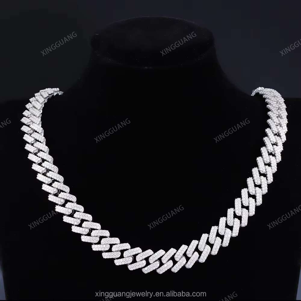 Hip Hop Moissanite Cuban Chain Fine Jewelry 2rows 13mm 925 Sterling Silver Iced Out Moissanite Cuban Link Chain Men Necklace