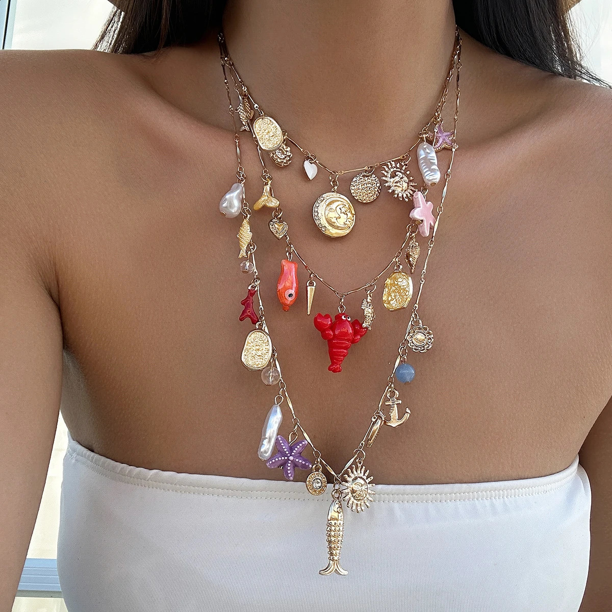Ingemark 3Pcs/Set Bohemian Drip Oil Fish Scalp Cactus Starfish Tassel Pendant Necklace Summer Chain Y2K Holiday Jewelry 250409