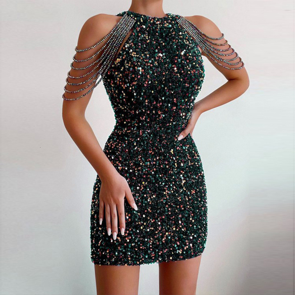 2025 Spring/Summer New Fashion Hanging Neck Sexy Crystal Tassel Wrap Hip Sequin Mid Waist Evening Dress