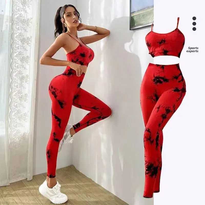 Tie dye yoga womens track and field clothing fitness yoga set sportswear exercise bra+high waist and leg gym clothing seamless sportswearW250411