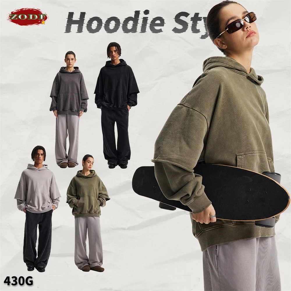 ZODF Autumn Mens Washed Heavy Weight Cotton Hoodies Unisex Retro 2 Peice 430gsm Loose Edge Hooded Pullovers HY1082 251110