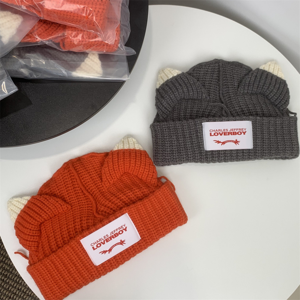 designer beanie Planting Land Bar Wang Yiheng Same Style Loverboy Fox Ear Handmade Cat Ear Knitted Hat Niche Design Yarn Hat