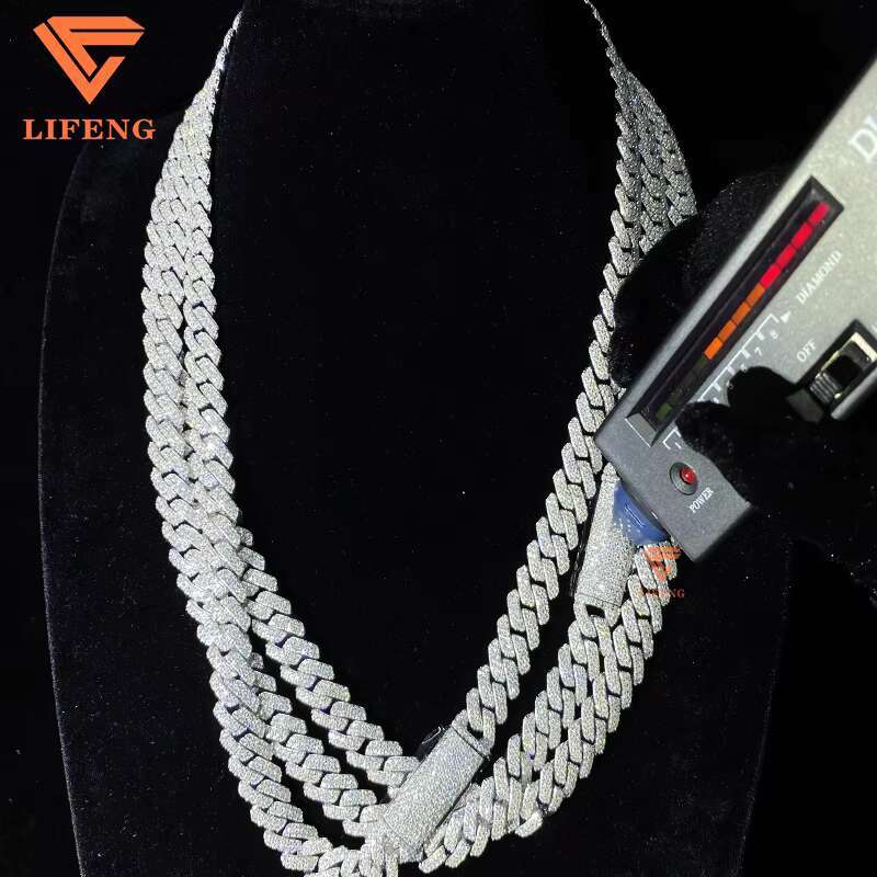 Mens 10mm 12mm Cuban Link Chain 2-Row 925 Solid Sterling Silver Iced Hip Hop Bracelet VVS Moissanite Diamond Pass Diamond Test