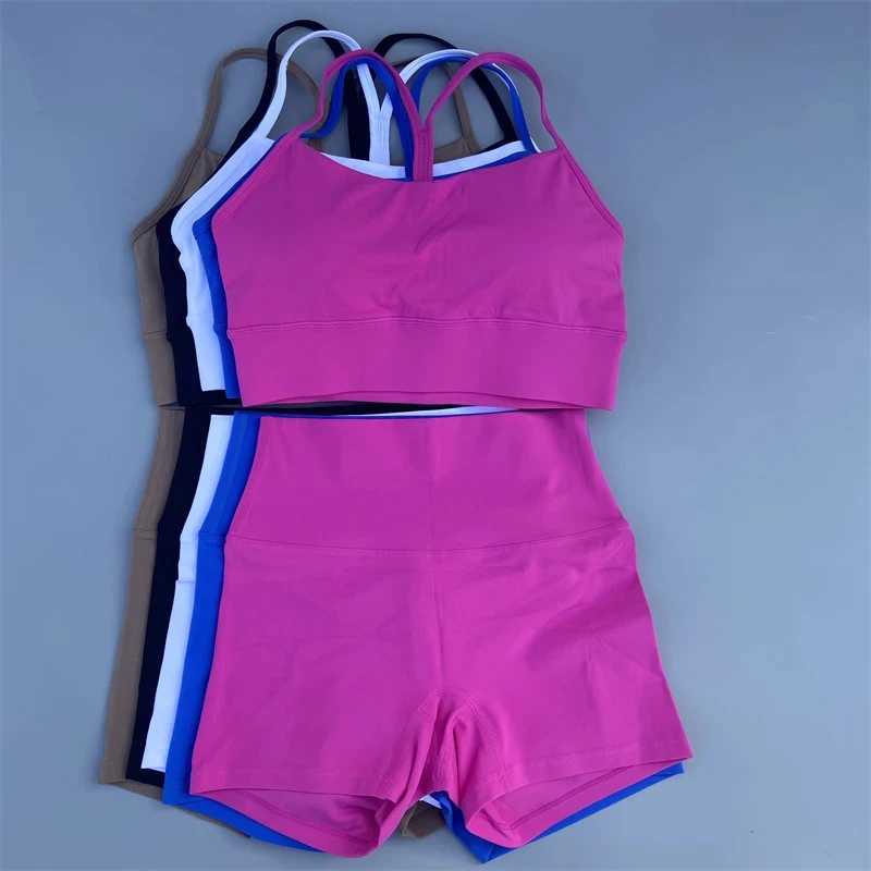 Solid color gym bike yoga set short leg+cross Y sports bra sportswear womens gym set comprehensive training joggingW250411