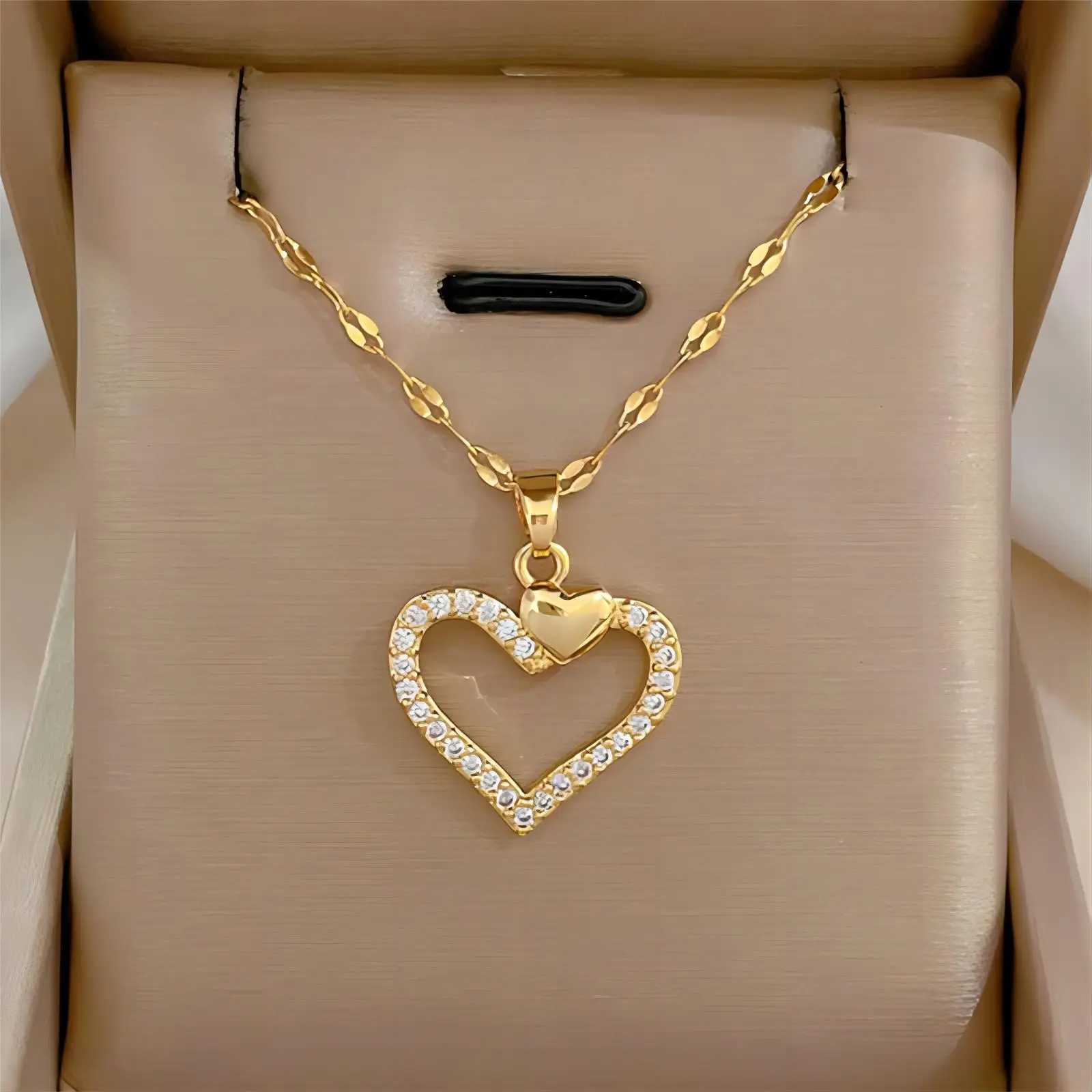 Trendy Heart Stainless Steel Zirconia Necklaces For Women Girls Love Gold Color Metal Necklace Party Birthday Daily JewelryC250411
