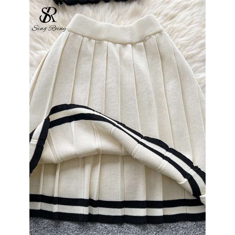 SINGREINY Preppy Style Trendy Suits Single Breasted Letter Design Pullover+High Waist Pleated Skirt 2025 Summer Women Knit Sets