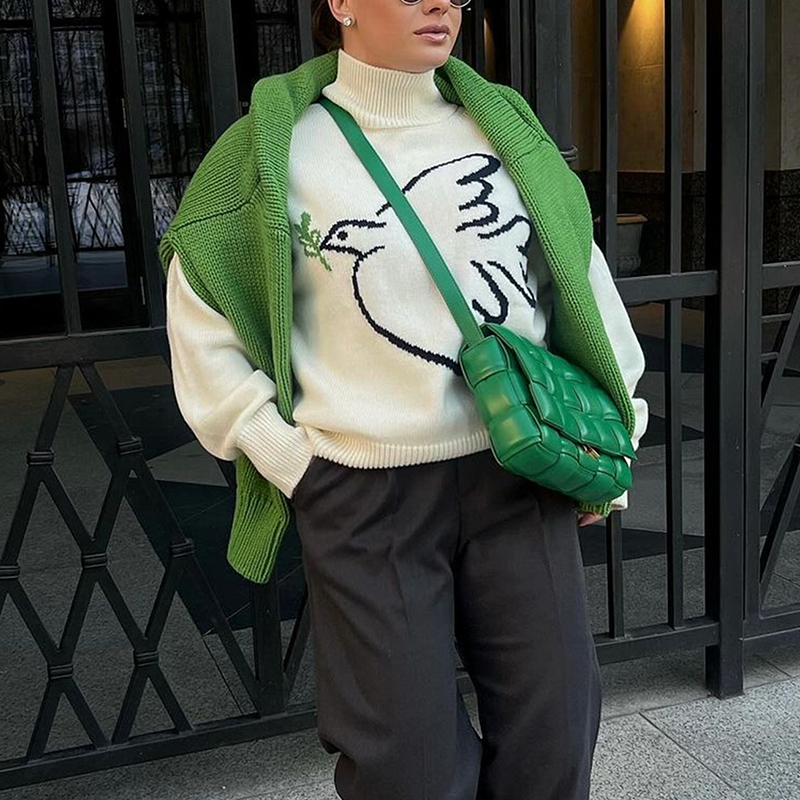 Women's solid-color jacquard sweater, high-neck comfortable street-style long-sleeved sweater, peace dove jacquard, fall clothes christmas sweate