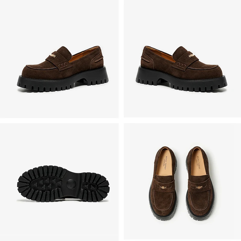 BeauToday Vintage Womens Loafers Cow Suede Leather Platform Shoes Round Toe Metal Penny Slip on Ladies Flats Handmade 26667 251110